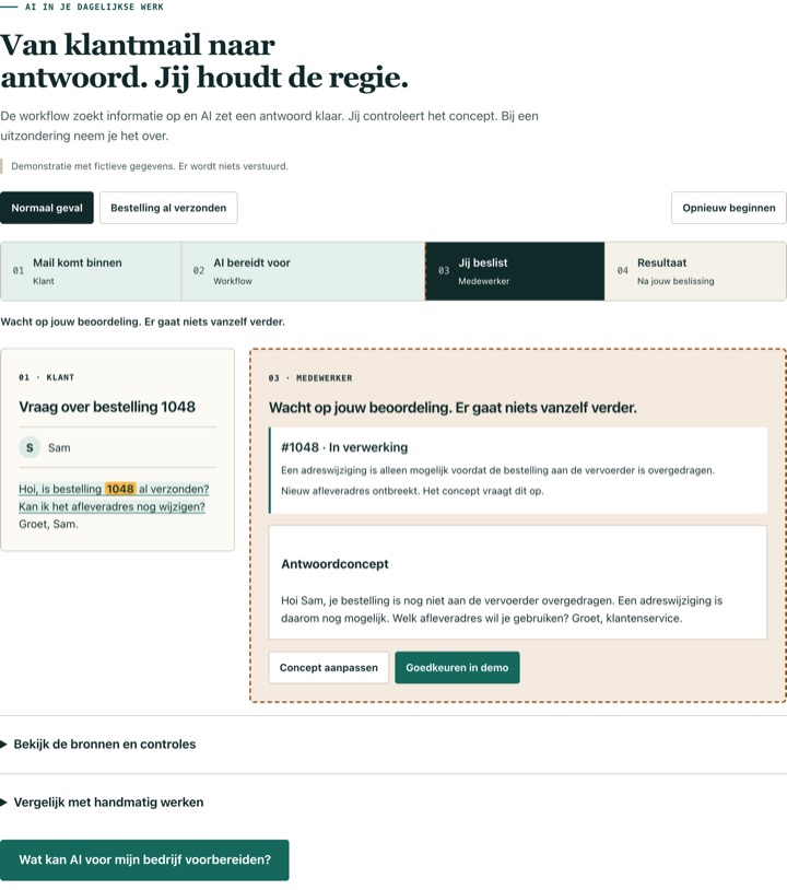 Schermafbeelding van de antwoorddemo: het antwoordconcept staat klaar en wacht op de beoordeling van een medewerker.